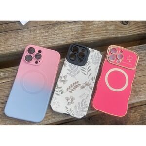 iPhone 15 Case Lot‎ of 3 hot pink & gold, light pink & blue and floral